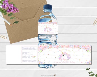 Unicorn Water Bottle Labels, Stickers, 1st Birthday Party, Personalized, Printable, Digital, First, Floral, Watercolor, Rainbow, Pastel Cute