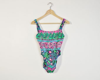 90s Print Swimsuit, Vintage 90s Swimsuit, High Cut Swimsuit, One Piece Swimsuit, Abstract Print Swimsuit, Women's Bathing Suit Size Small
