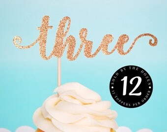 Three Cupcake Toppers Pink and Gold 3rd Birthday Gold Three Toppers Glitter Three Toppers Young Wild and Three Glitter Cupcake Toppers