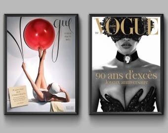 Set of 2 Vogue posters. Vintage Vogue cover prints. Vogue cover posters. Vogue prints. Fashion set prints. Fashion wall art. Free shipping.