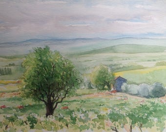 Vignobles en automne vineyard in autumn wijngaard in de herfst watercolor painting aquarelle acuarela wasserfarbe Provence Vaucluse