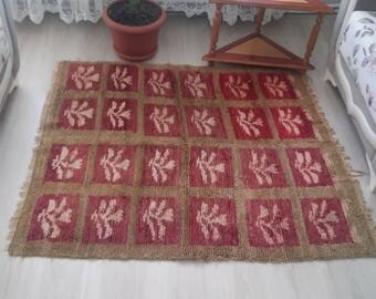 Oushak Rug Area Rug,Vintage Turkish Rug,3'8"×4'1"feet,handmade rug,Home Living, vintage home decorative tülü rug, Wine and cream colors,