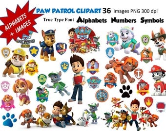 Full Alphabet & 36 PAW PATROL Clipart Images 300 DPI Transparent Background True Type Font