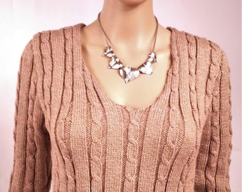 Sweater-women-neck V - knit is hand-made in France-wool-color old Rose-size38 - 0168