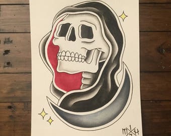 ORIGINAL grim reaper / skull tattoo flash painting