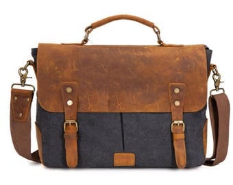 Waxed Canvas Messenger Bag, Leather Messenger Bag, Men Canvas Messenger Bag, Canvas Satchel, Laptop Messenger Bag, Boyfriend Gift