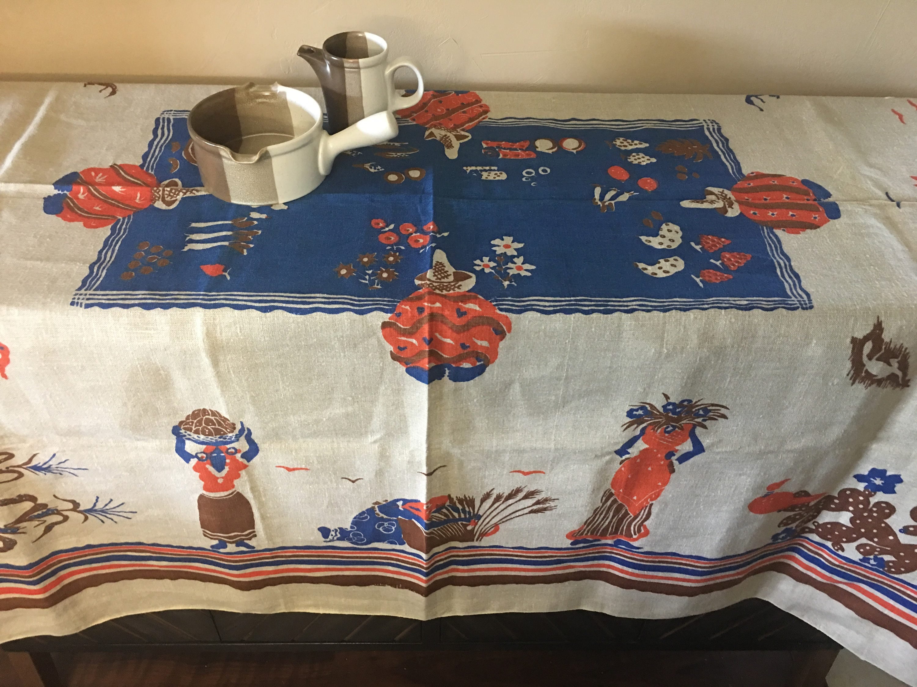 FIESTA Talavera Blue and Red Southwest style vintage tablecloth