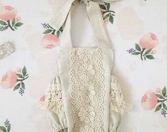 Baby girl romper, boho baby romper, fringe romper, lace romper, linen romper, baby girl style, baby romper