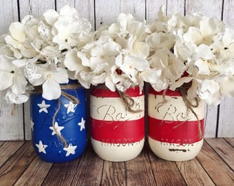 American Flag Mason Jar, red white and blue, United States, 4th of July, Independence Day, Set of 3 pint size Mason jars, Rustic Home decor
