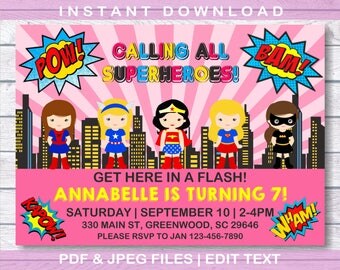 Girl Superhero Invitation, INSTANT DOWNLOAD, Girl Superhero, Girls Purple Superhero Invitation, Girls Superhero, Girls Birthday Invitaiton