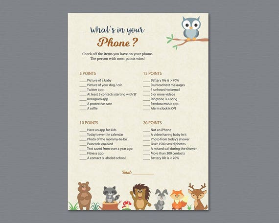 What's In Your Phone Game Printable Woodland Theme Baby
