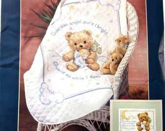 Vintage Baby Quilt Kit Embroidery Sunset 13065 Cuddly Bear Angel 1994 Cross Stitch