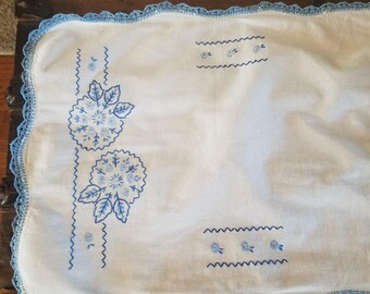 Vintage 1940s Blue and White Floral Dresser Scarf Home Decor Gift