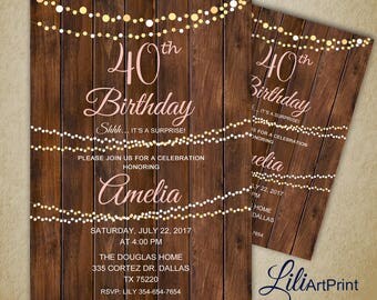 40th Birthday Invitation, Rustic Women Birthday Invitation, Any Age Birthday Invite, Surprise Invitation, Digital file, 8