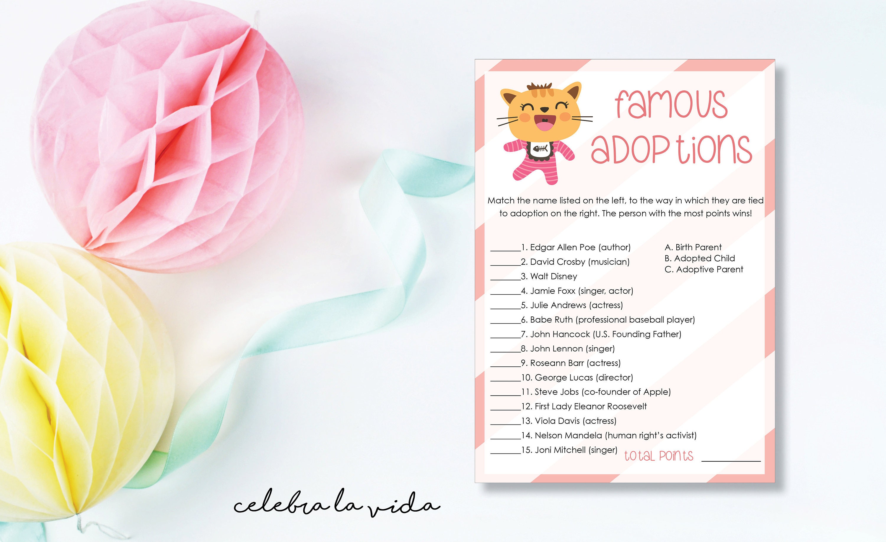 Famous Adoptions. Adoption Baby Shower Game. Instant Download.