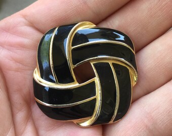 Trifari Black Enamel and Gold Tone Brooch
