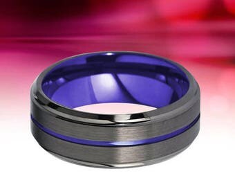 tungsten boutique black and purple wedding band purple inside and stripe center 10 mm beveled edge - Purple Wedding Ring tungsten boutique black and purple wedding band purple inside and stripe center 10 mm beveled edge - Purple Wedding Ring