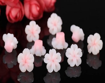 5 pearls cabochons flowers polymer clay, white pink fluorescent 15mm approx