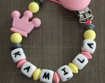 Coral pink PACIFIER clip and pale yellow - IDEAL birth gift