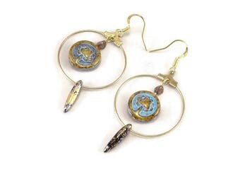 Hoop blue and bronze tree of life and dagger Czech glass gold - 123Pierres jewelry