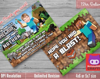 Minecraft Birthday Invitation with Custom Face Photo and Free Thank you card! (Not an Official Minecraft Product)
