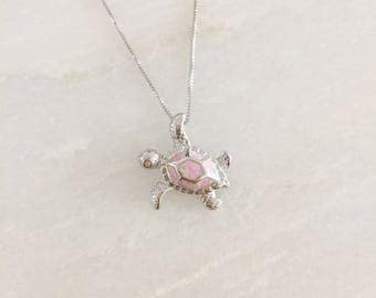 Sterling Silver Pink Opal Sea Turtle Dainty Necklace