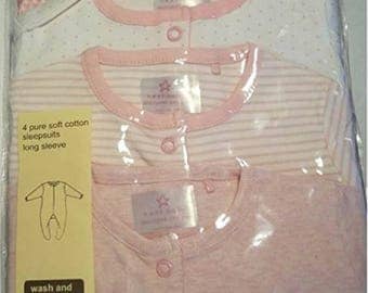 Set of 4 Pajamas onesies pink and white long sleeve