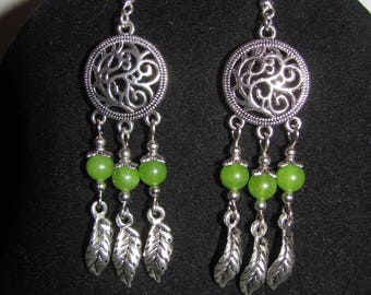 Feathers and green way Antigorites, dream catcher earrings