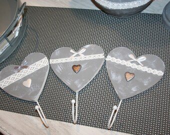 3 hooks for hanging towels shabby white-leaded grey and white lace and heart