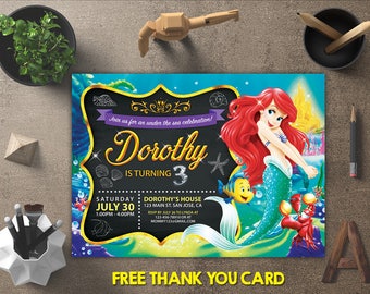 Little Mermaid Birthday Invitation, Little Mermaid Invitation, Little Mermaid Invites, Little Mermaid Printables, FREE 4x6 Thank You Card