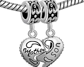Sterling Silver Heart Mother Son Charm Beads Fits Pandora Bracelet Mom Love