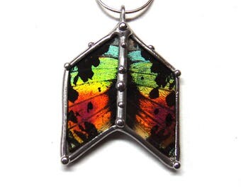 Sunset Moth Chevron Necklace - Real Colorful Moth Wings - Butterfly Art Jewelry - Boho Chic Necklace