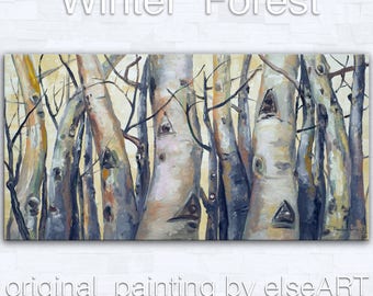 Sale Original art Abstract Painting large Oil Painting, aspen tree art winter Landscape Painting by tim lam 48x24x1.4