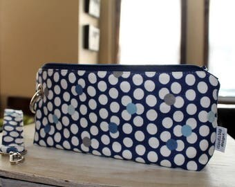 Zipper Pouch Clutch Wallet - Long Wallet - Cell Phone Wallet - Errand Runner Fabric Wallet Wristlet - Evening Bag - Blue Dots