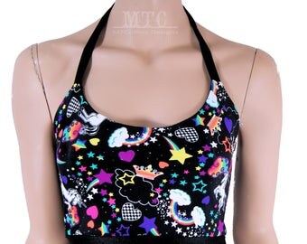 Black Rainbow Neon Unicorn Rave Festival Halter Top - All Sizes - MTCoffinz