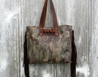 Camouflage Leather Tote Bag with Side Fringe by Stacy Leigh