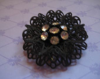 50s Black Enamel Filigree Flower with Rhinestone Stamens Very Unusual