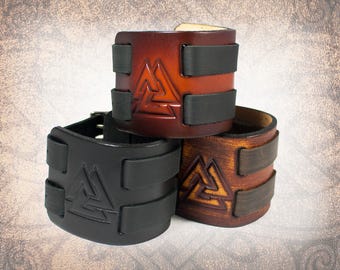 Valknut - Leather Cuff, Leather Wristband, Leather Bracelet, Black Leather Cuff, Nordic Cuff - Custom to You (1 cuff only)