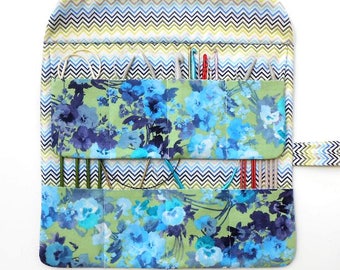 Needle Case Circular, Blue Green Floral DPN Organizer, Circular Needle Roll, Crochet Hook Holder, Knitting Needle Storage, Knitters Gift