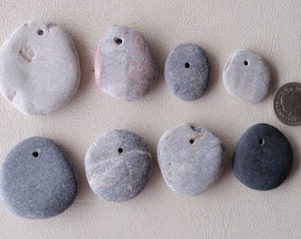 Genuine English all sizes 8 BEACH PEBBLES, with drilled holes for jewellery