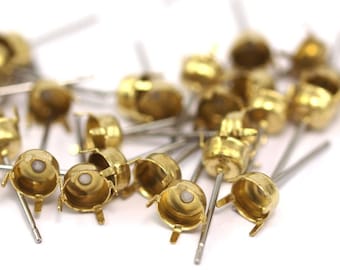 Stainless Post Prong Setting, 100 Stainless Steel Earring Posts With 4 Mm Raw Brass Prong Setting A0459