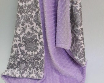 SALE Minky baby Blanket Lavender and Gray Damask, Light Purple and Gray Damask Blanket, Baby Girl Blanket Can Be Personalized