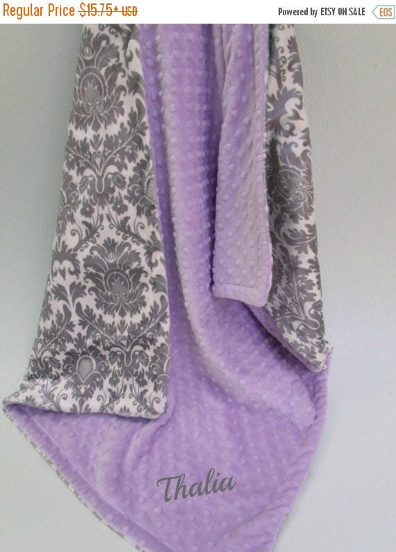 SALE Minky baby Blanket Lavender and Gray Damask Light Purple