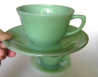 2 Fire King Jadite Jadeite Glass Jane Ray Cups and Saucers