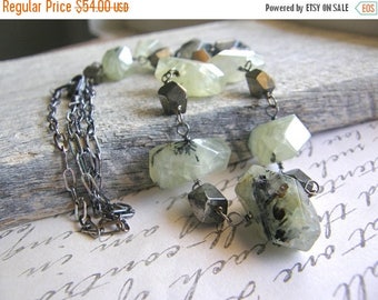 Summer Sale 20% Off Green Prehnite and Pyrite Extra Long Sterling Silver Chain Necklace