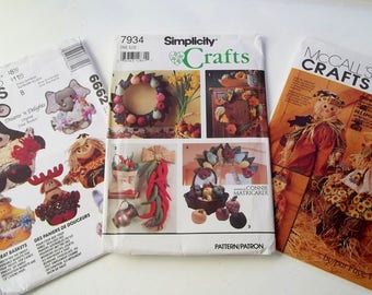Home Decor Craft Lot McCall's 6662, Simplicity 7934, McCall's 6665 Sewing Patterns Treat Baskets, Stuffed Sculpture Wreaths, Scarecrow Dolls