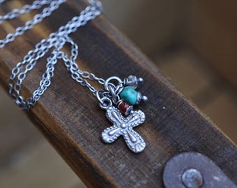 Sterling Cross Necklace, Oxidised, Sterling Silver Gemstone Charm Necklace, Crucifix Necklace, Turquoise Necklace