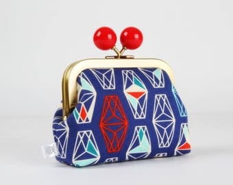 Metal frame coin purse with color bobble - Lively lanterns misty - Color dad / Cotton and Steel / Lagoon / blue red turquoise