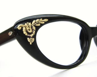 Vintage 50s Cat Eye Glasses Eyeglasses Sunglasses Atomic Frame Flower Accents NOS