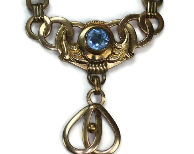 Art Nouveau Style Simulated Blue Gemstone Choker Necklace Gold Filled Vintage